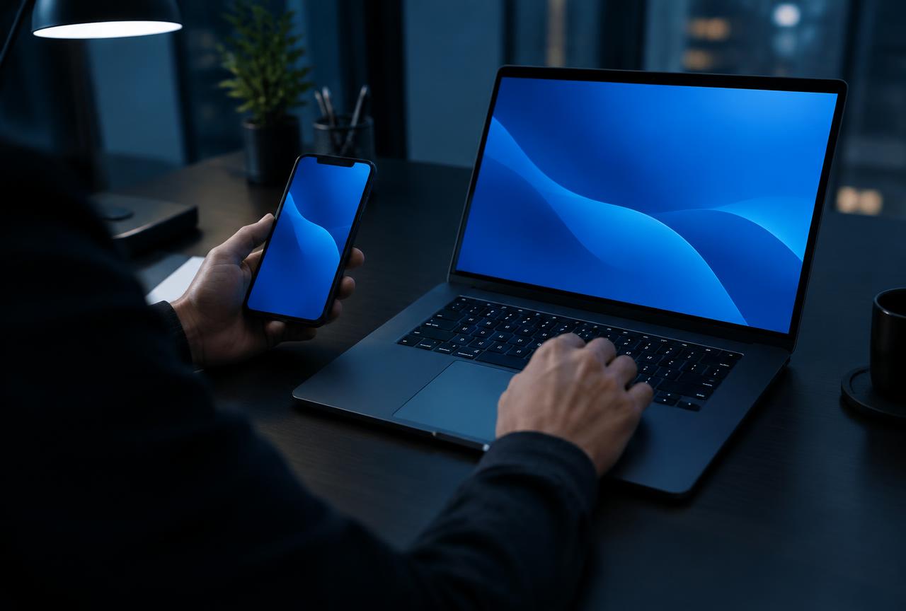 Pessoa acessando a plataforma pelo celular e pelo computador